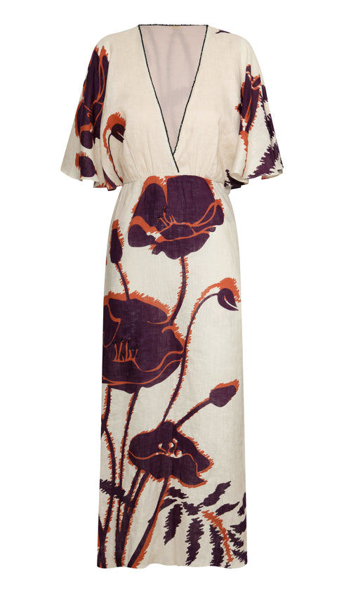 Topacio Linen Tunic Dress / Ecru - Purple Gladiolos